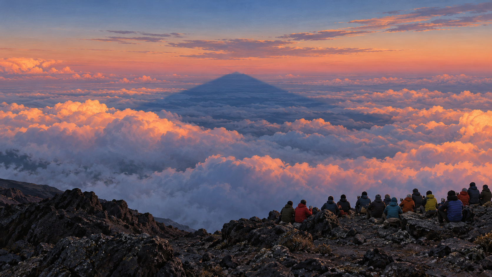 2012年登山记忆：朝东看，山影落在云海上。